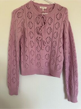 Lace-Up Pointelle Cardigan Sweater - Mauve Pink